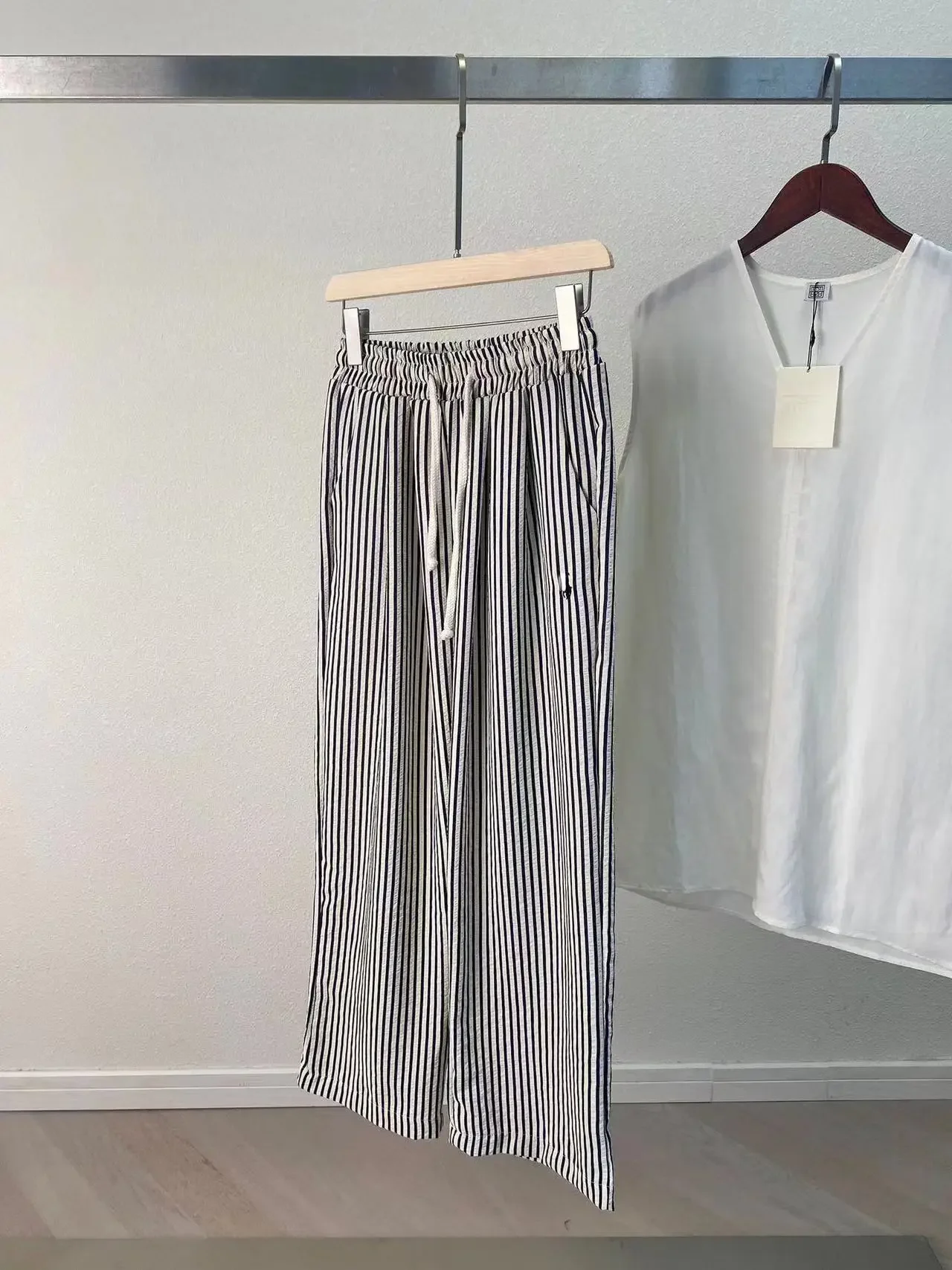 2024 RL Pony Embroidery Women's Summer Striped Casual Thin Pants Striped Fashionable and Versatile Straight Leg Pants