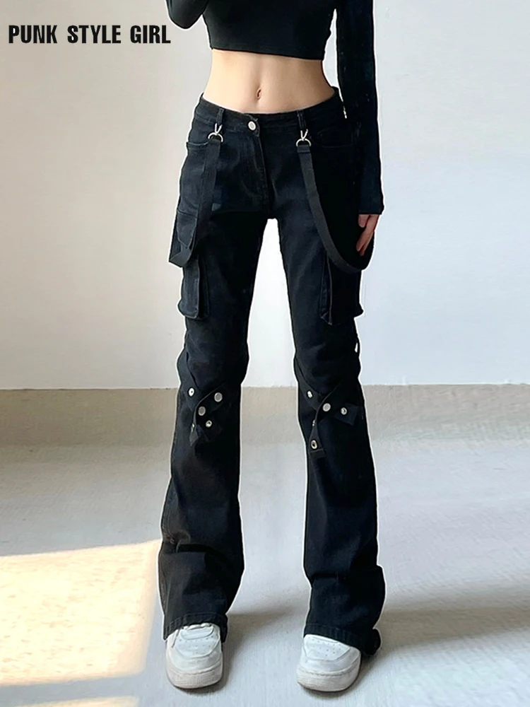 2024 90s Harajuku Streetwear Emo Alt Straight Pants Women Y2k E-girl Dark Academia Gothic Metal Buckle Leg Ring Trousers Female