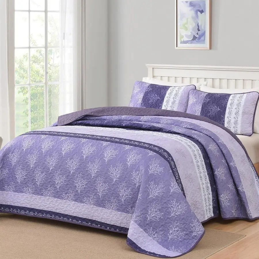 

Комплект постельного белья в стиле бохо, размер Queen, фиолетовый, с богемными полосками, цветочный, сиренево-фиолетовый, лоскутный, 3 предмета, легкий
