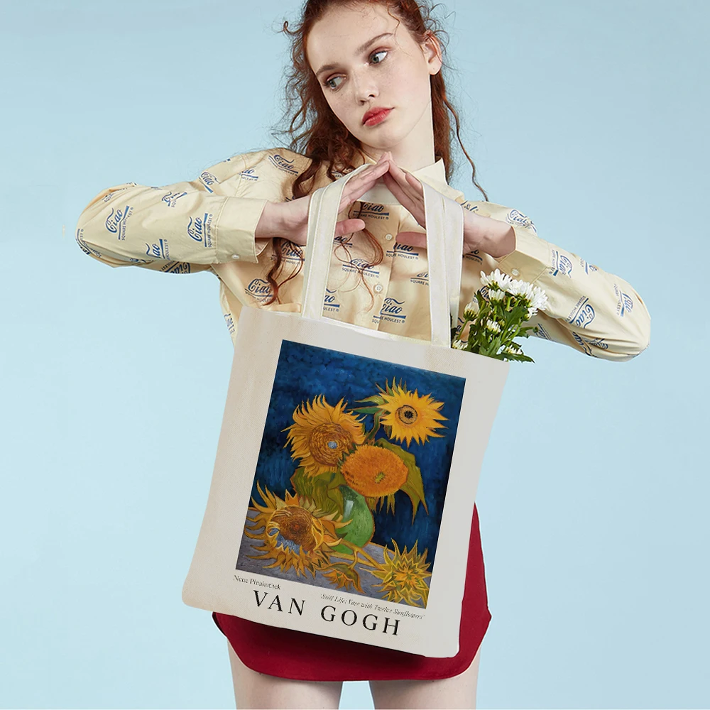 Van Gogh Vase Five tarry Night Sunflower Fauvism Supermarket Shopper Bag Tote Handbag Fashion Cartoon Lady Reusable Shopping Bag