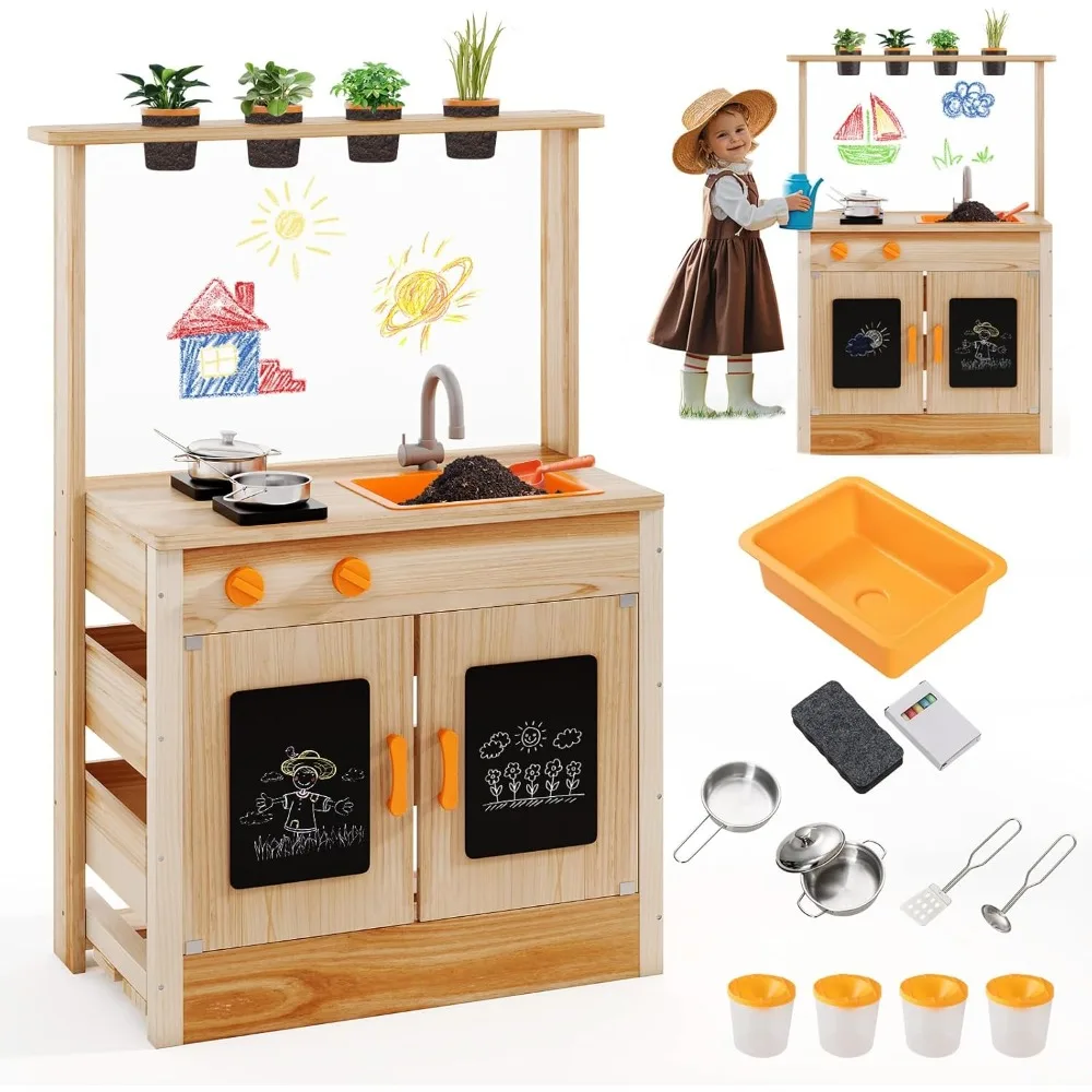 

Грязевая кухня HONEY JOY, игровая кухня из ели на открытом воздухе для малышей, 4 чашки для посадки, посуда, смеситель и раковина, акриловая доска «сделай сам» и