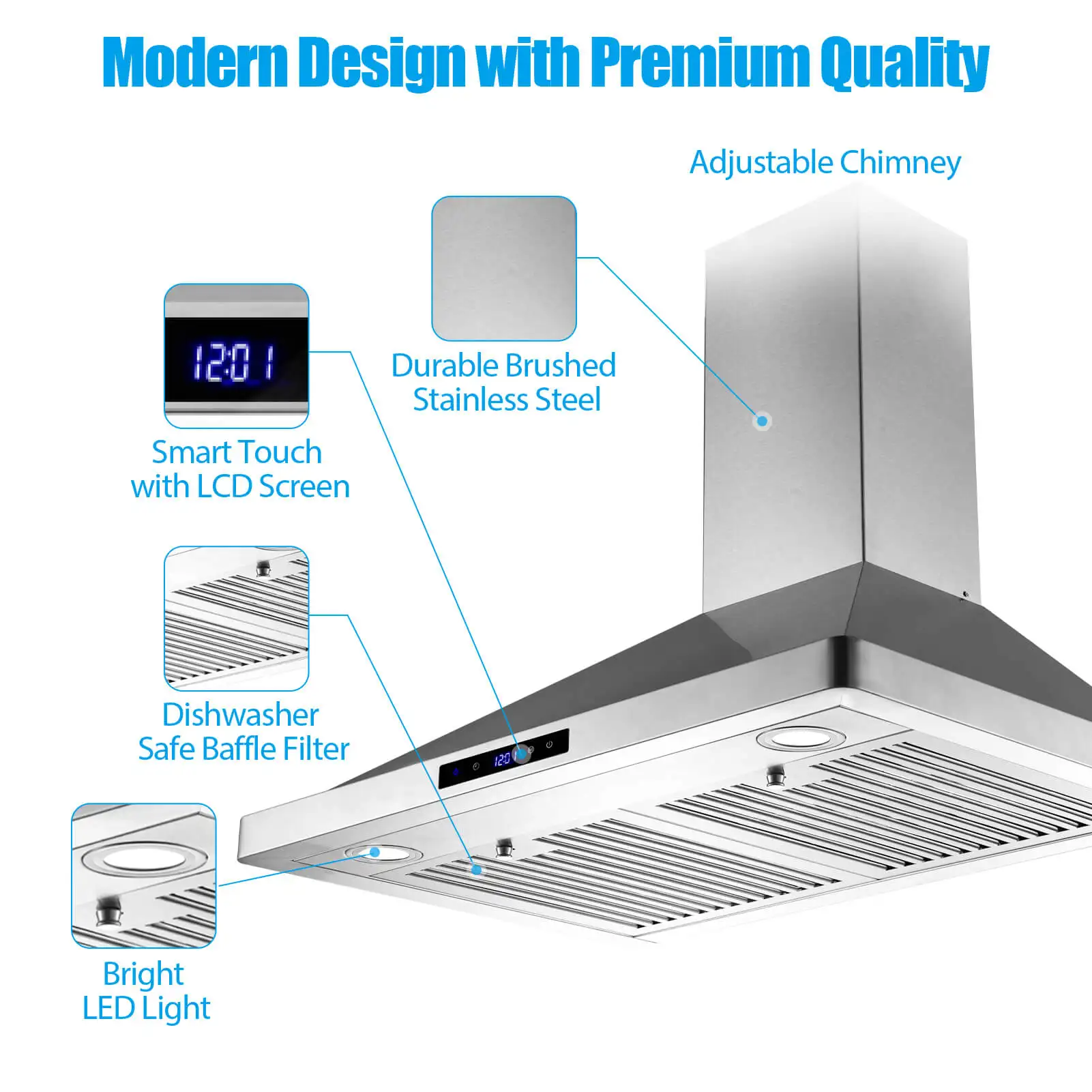 Tieasy 30 inch Wall Mount 700 CFM Touch Button Range Hood USGD1075