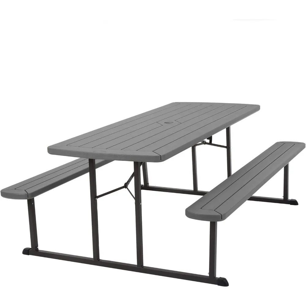 Dining table, outdoor, indoor living, 6-foot folding wild dining table, dark gray wood grain resin, gray steel legs