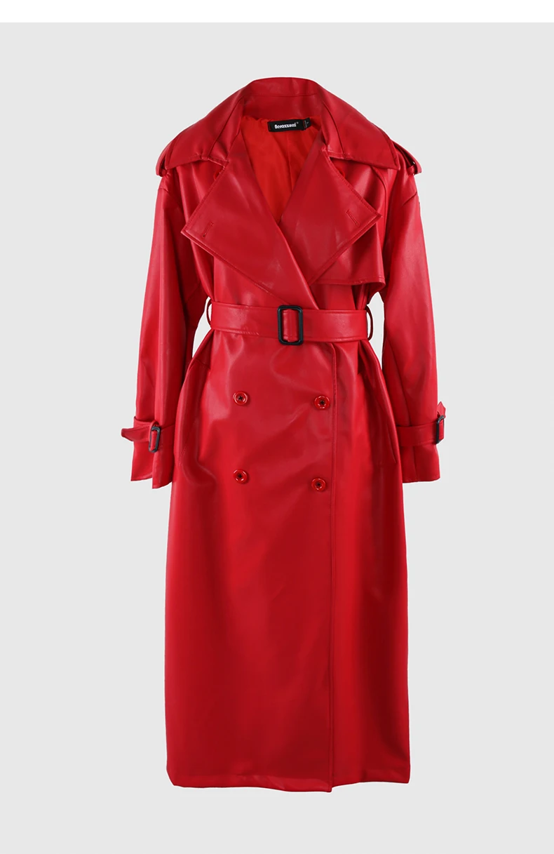 Nerazzurri Spring Autumn Long Oversized Black Pu Leather Trench Coat for Women Belt Double Breasted Loose Casual Korean Fashion