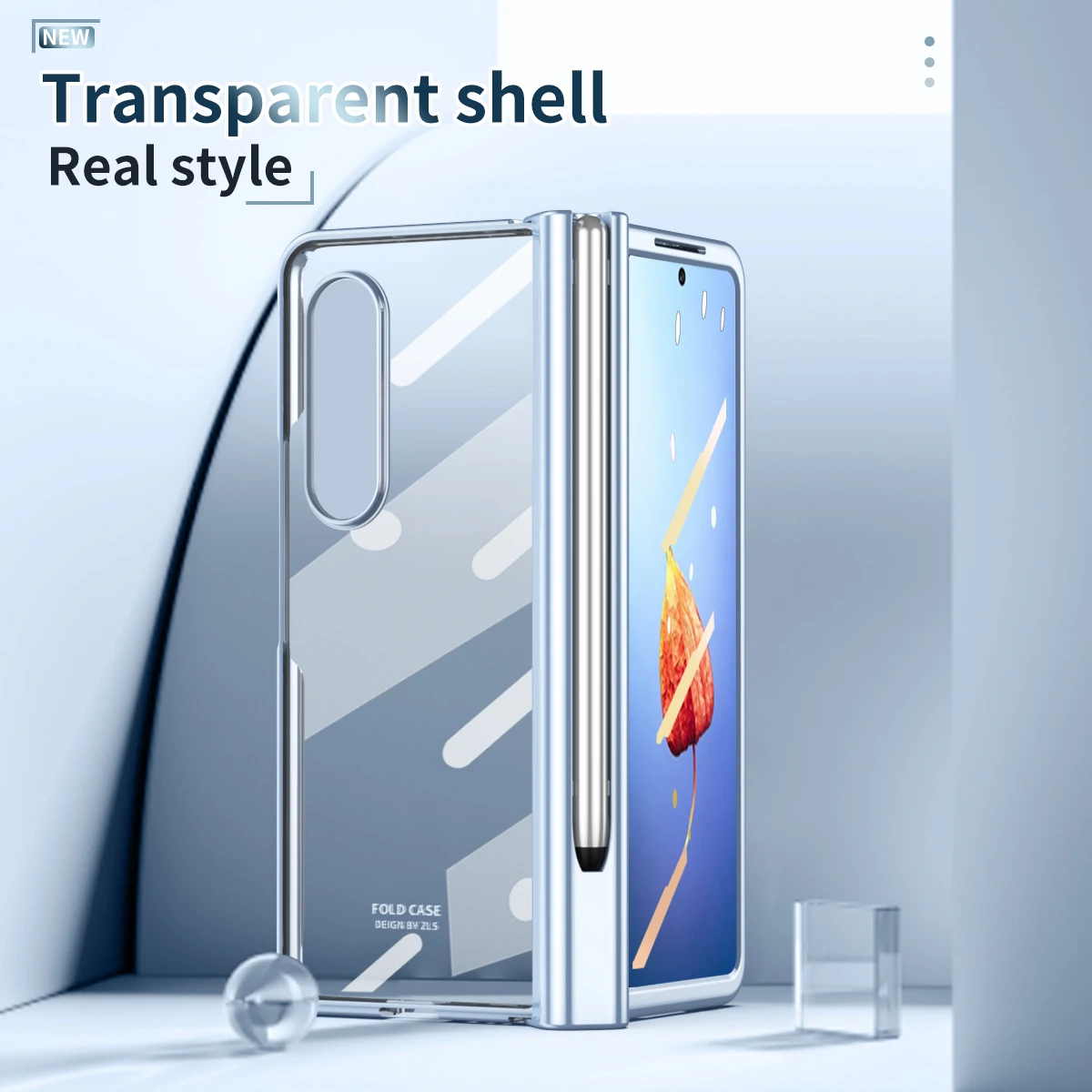 With S Pen Holder For Samsung Galaxy Z Fold 5 4 3 5G Case Hinge Clear Plating Shockproof Transparent Full Screen Protector Cover