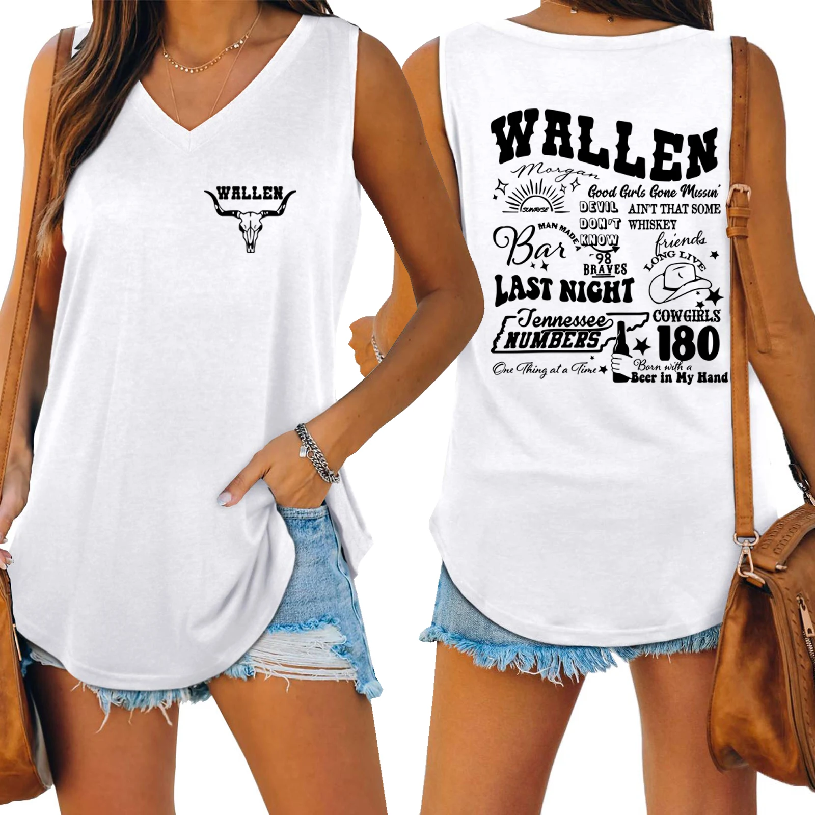 Wallen & Bull Skull Cowboy Country Western Long Live Cowgirl V-Neck Shirt for Women