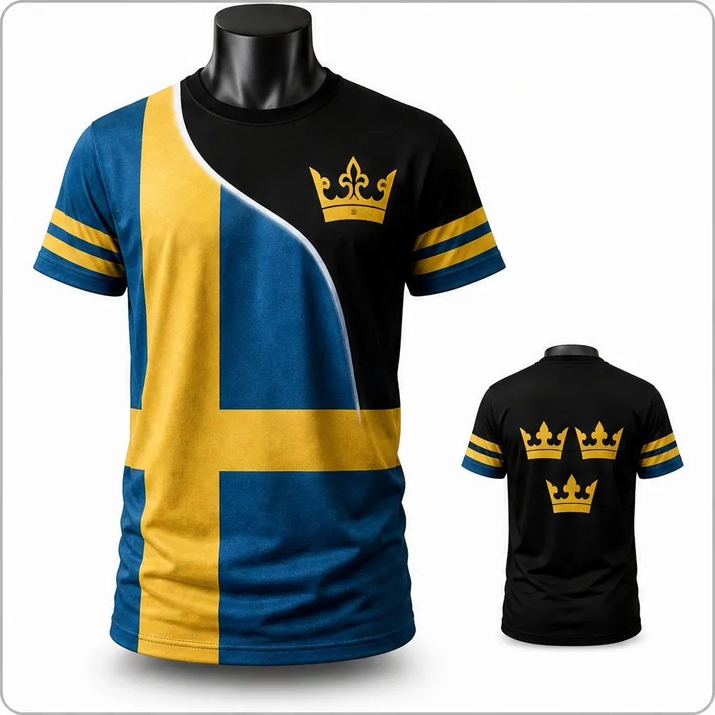 Mens Sweden Round Neck T Shirt Black Flag Crown Print Casual Short Sleeve Graphic Tee Streetwear Daily Top Modern Athletic Style