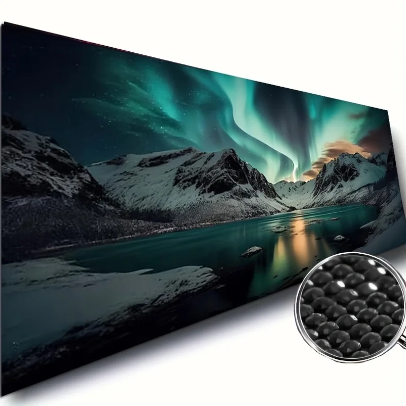 Kit de Pintura de Diamantes Extra Grande con Diseño de Aurora Boreal, Lago y Montaña, 119.99x40.01 cm, Mosaico Acrílico Redondo para Manualidades, Paisaje