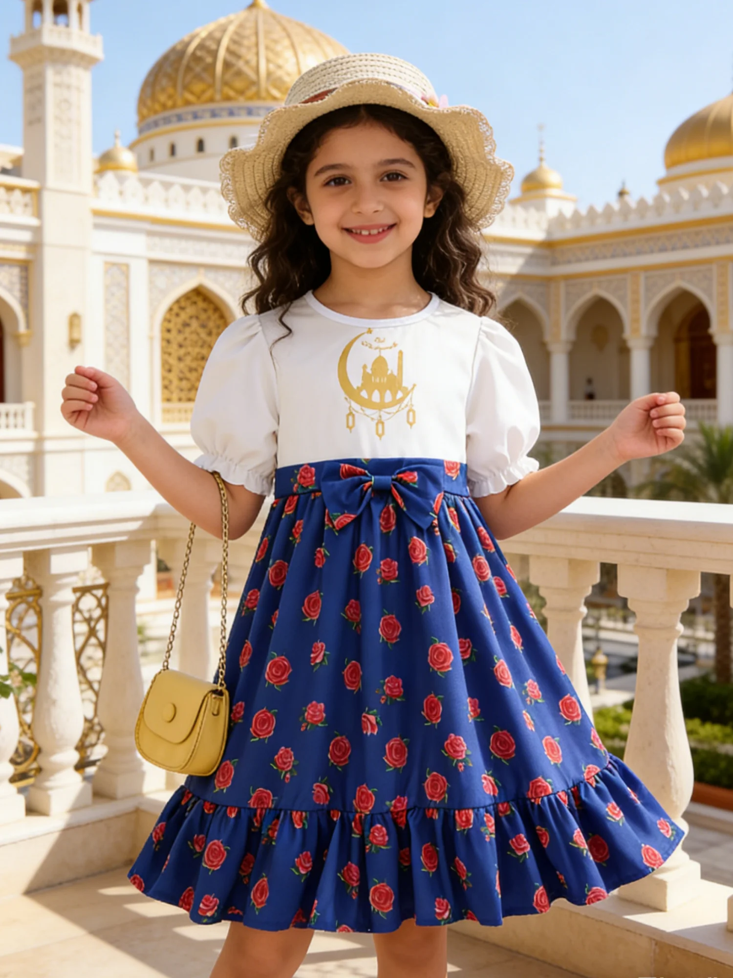 Blue White Girls' Casual Dress, Featuring Moon Print With Gold Trim, Double-Layer Blue Mesh Skirt Purim Festival Daily Travel