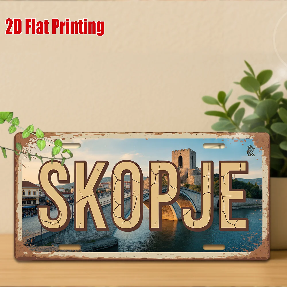 2D Flat -Vintage Aluminum Sign for Decorative Purposes Only, Outdoor Wall Art , Skopje Sign, Retro Decor, Urban Landscape