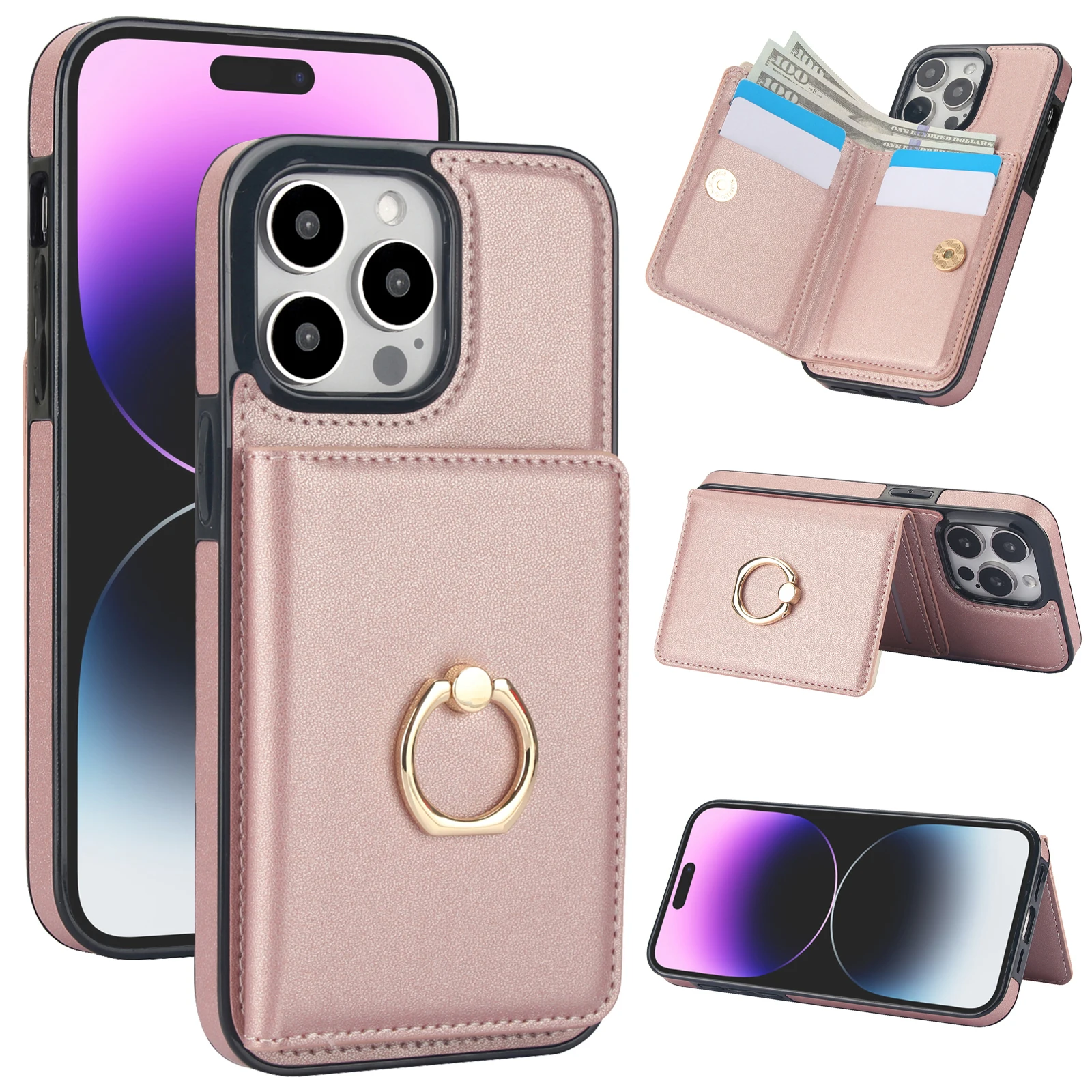 

Wallet Case with Card Holder, 360° Rotation Ring Kickstand Magnetic Clasp for iPhone 15 14 13 12 11 Pro Max plus