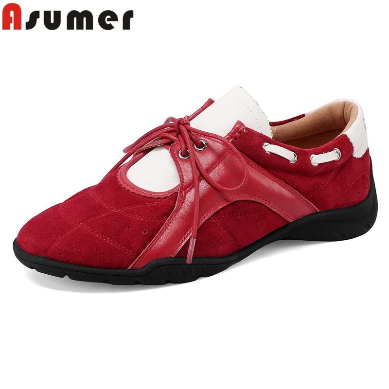 

ASUMER Size 34-43 New Cow Suede Leather Women Sneakers Red Black Brown Handmade Flat Shoes Casual Flats Fashion Shoes