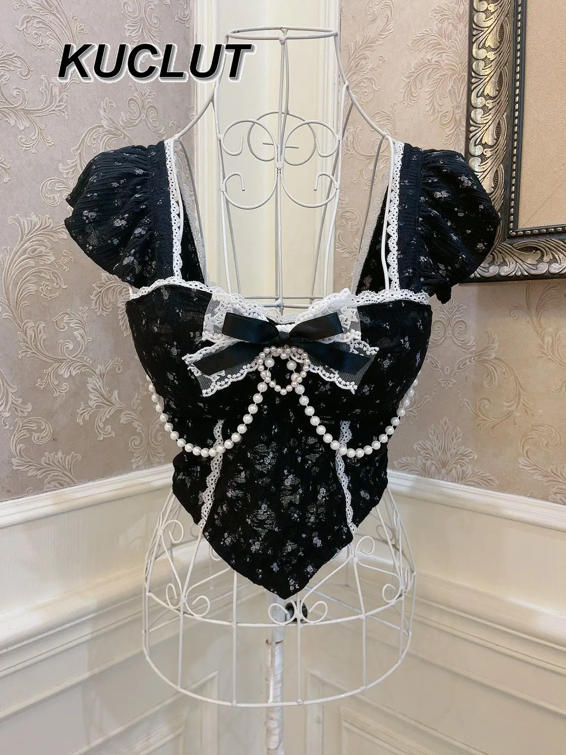 

Girl Retro French Style Tank Tops Femme Summer Bow Floral Lace Trim Slimming Crop Top with Chest Pad Camisole for Women