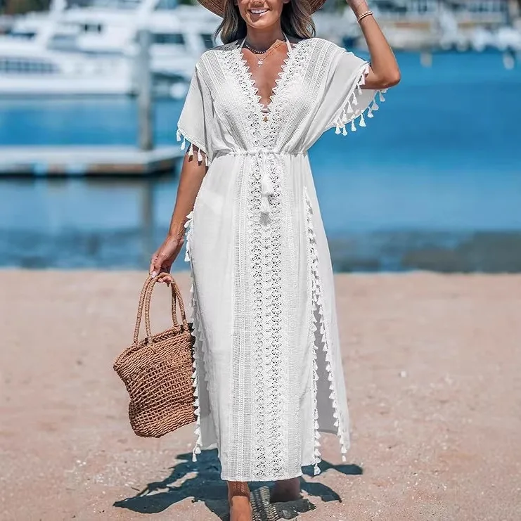 Slub Cotton Fringed Women's Bikini Blouse Beach Dress Bikini Swimsuit Cover Up for Women White Black Long Dress  Beach Wear