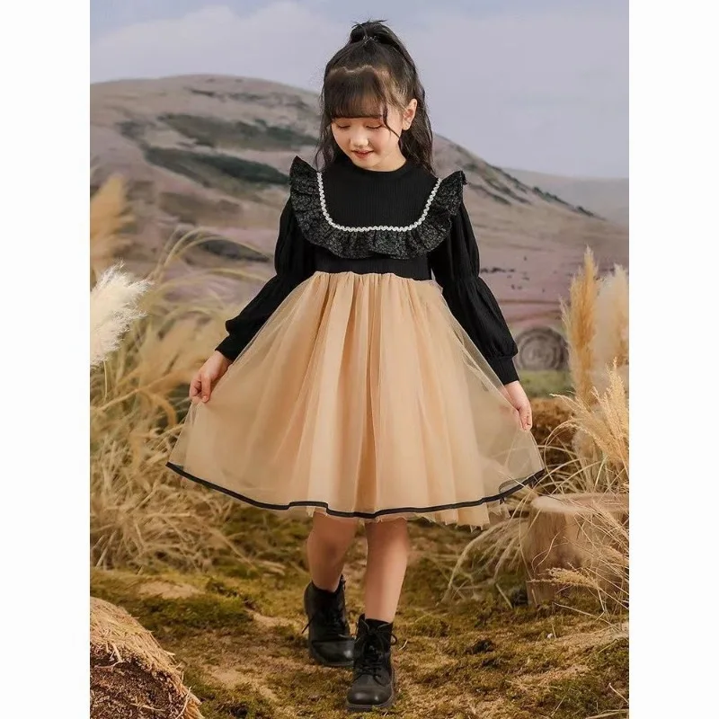 Autumn Winter New Fashion Elegant High Neck Long Sleeved Children's Clothing Casual Versatile Solid Color Loose Girls Dresses