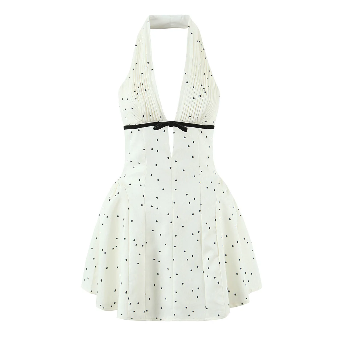 

Женское мини-платье без рукавов с воротником-халтером и бантом в горошек