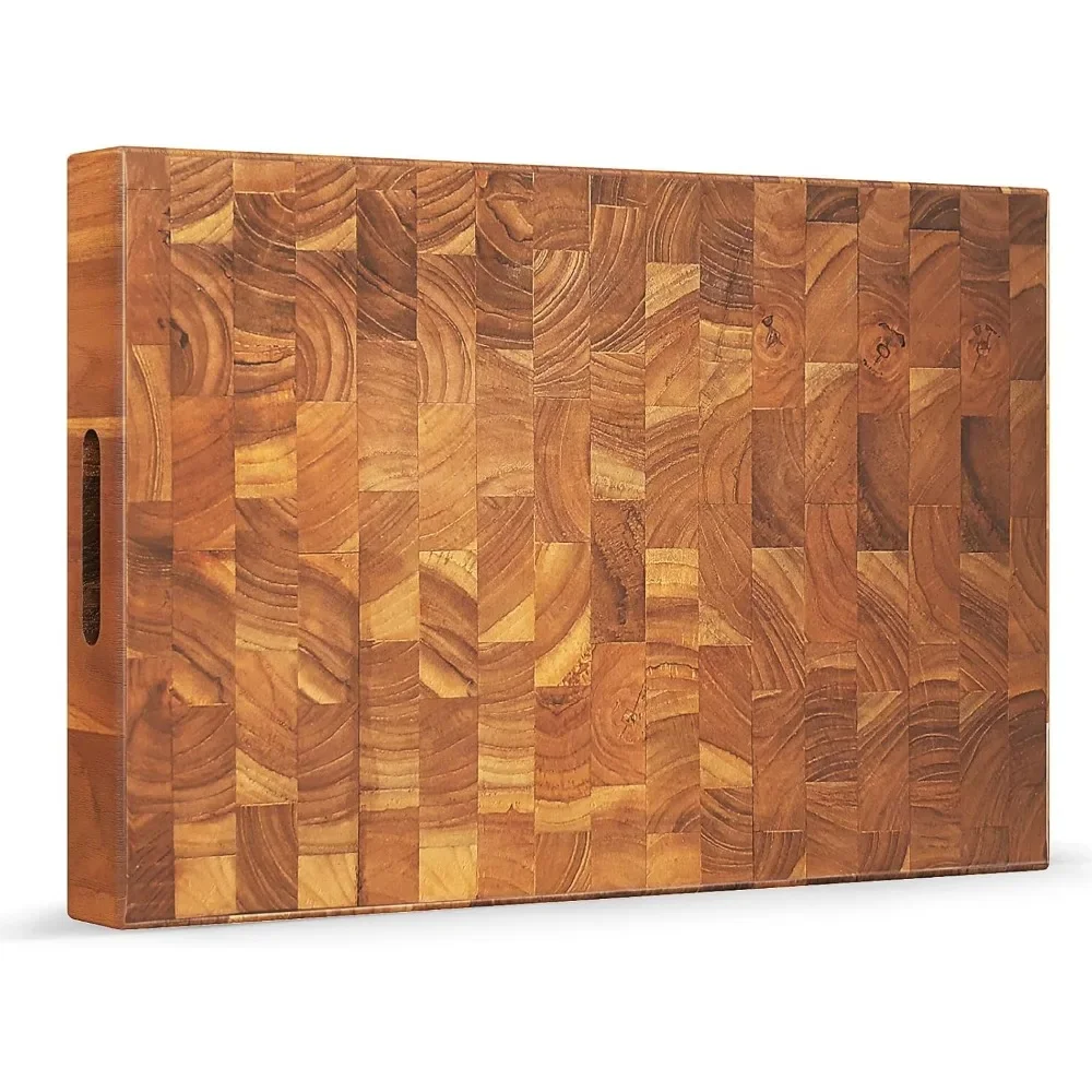 

Teak Wood Cutting Board, 2" Thick End Grain Chopping Block with Hand Grip, 18"x12" Large Reversible Butcher Block