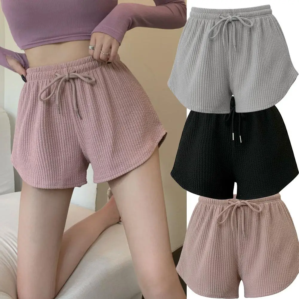 Women New Summer Fitness Running Loose Casual Sports Short PantsPit Stripe Lace-up Drawstring Solid Hight Waist Wide Leg Shorts