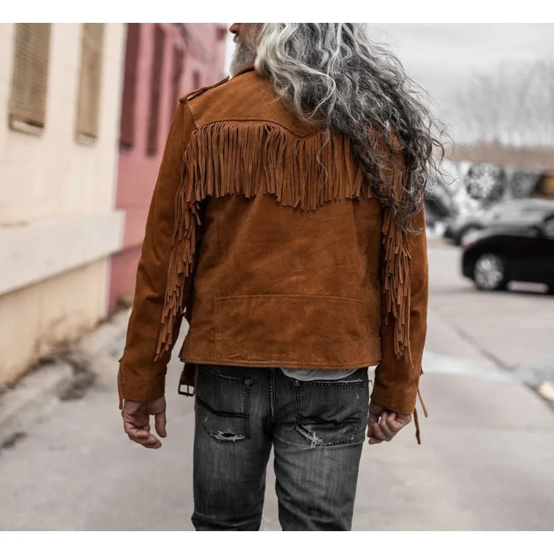 Men's Brown Jacket 100% Genuine Suede Leather Belted Fringe Style Jacket