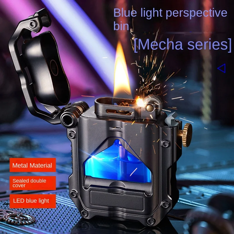 Metal Punk Style Windproof Transparent Fuel Tank Unusual Kerosene Lighter Creative Flint Petroleum Lighter Smoking Accessories