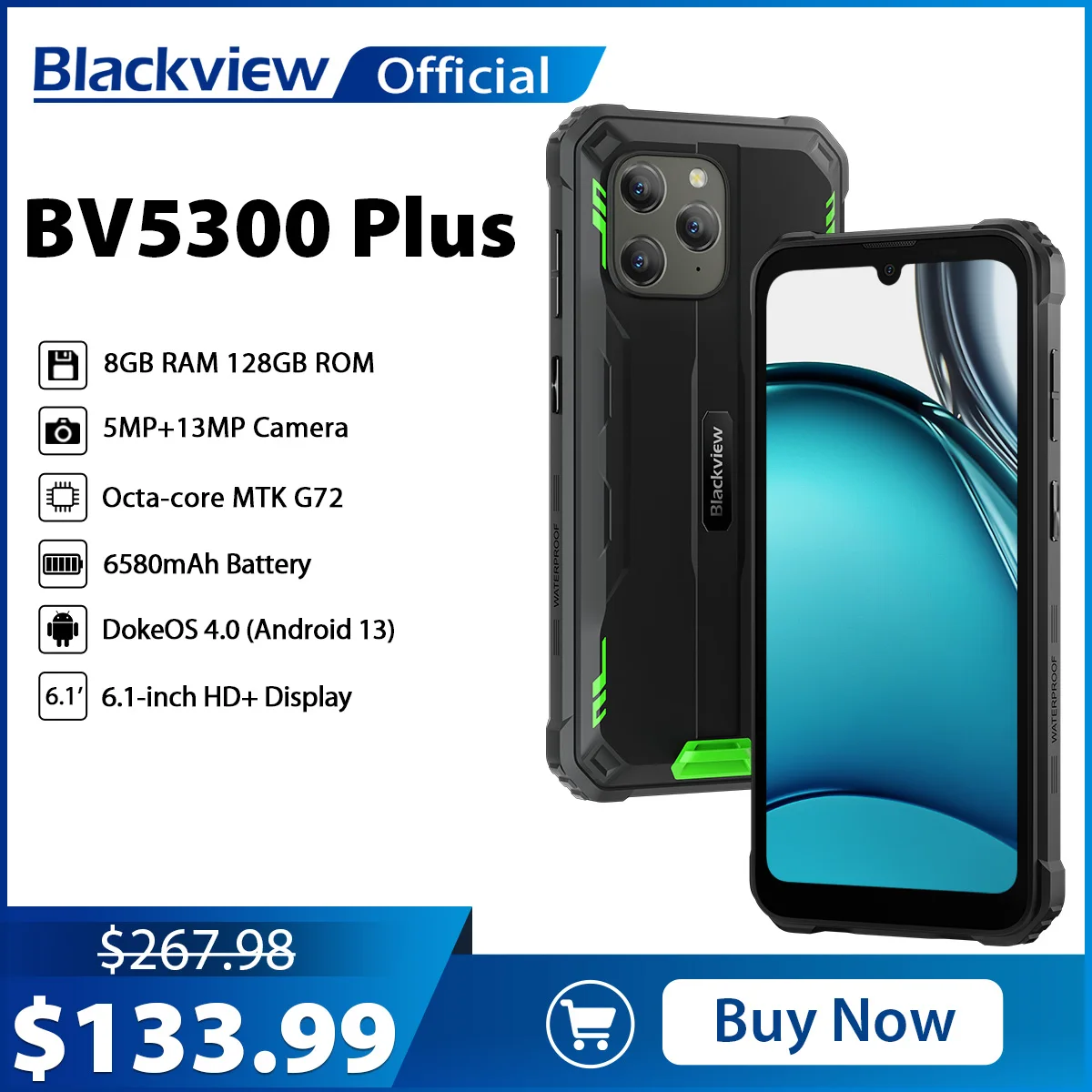 Blackview BV5300 Plus Rugged Smartphone Android 13 Octa-core G72 6.1'' HD Display 8GB 128GB Mobile Phone 13MP 6580mAh Cellphone