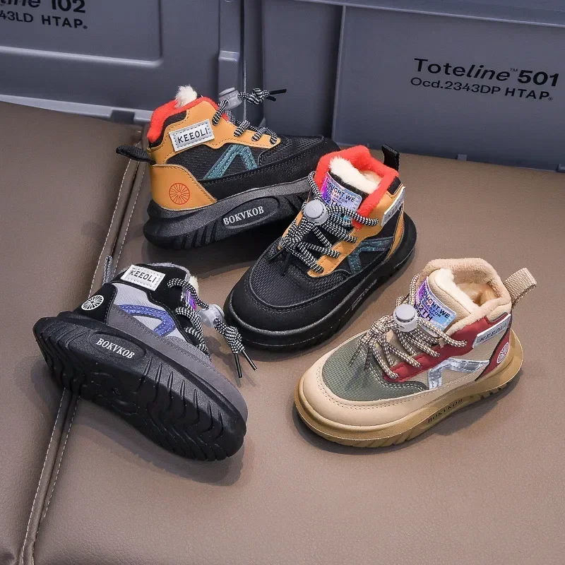 

2025 зимние новые мужские и женские студенческие модные спортивные ботинки на меху, новые детские противоскользящие короткие ботинки с веревкой