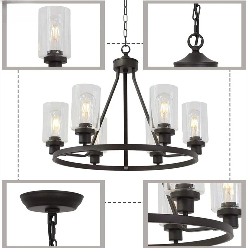 Retro Industrial Style Circle Wrought Iron Glass Pendant Light American Decorative Lighting Light Luxury Pendant Light