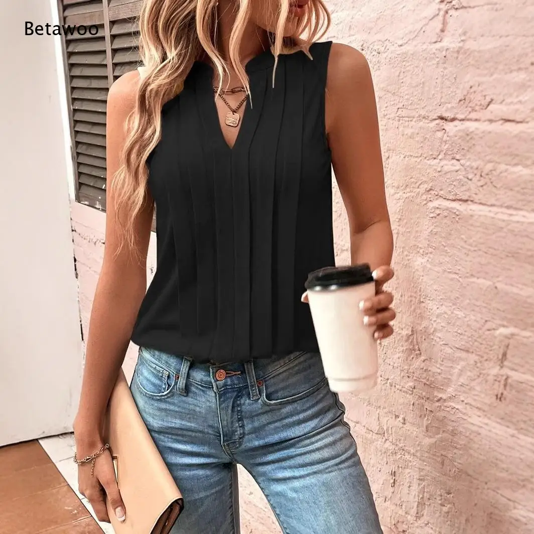 Women Sleeveless V Neck Knit Tank Top Vertical Pleated Slim Fit Solid Color Basic Casual Summer Vest with Multiple Colors