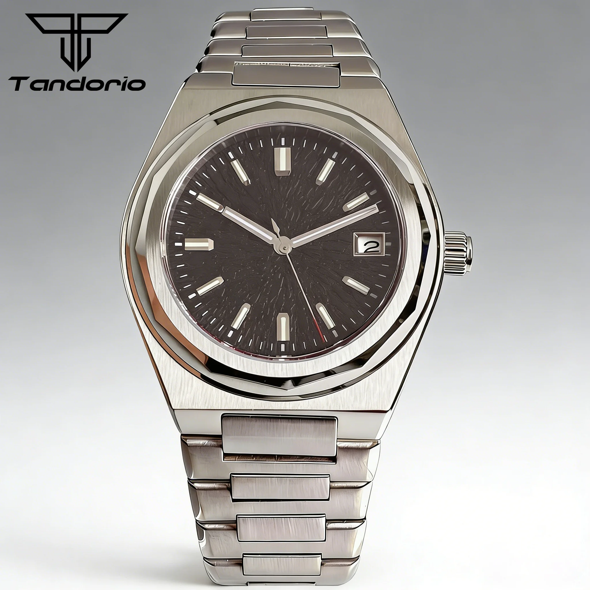 Tandorio Automatic 10ATM Men Watch Japan NH35A Black Teacup Pattern Date Face Sapphire Luxury Clock Stainless Steel Bracelet