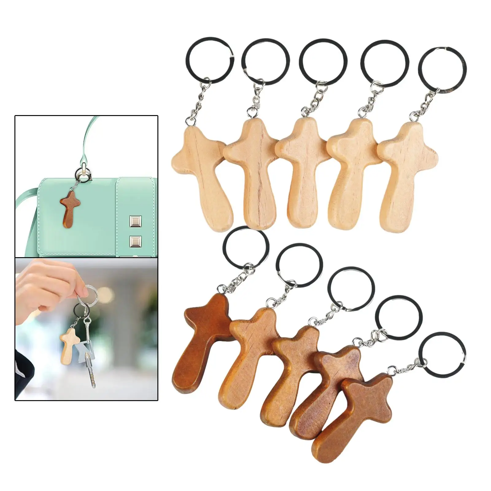 5 Pieces Cross Keychain Wooden Pendants Multipurpose DIY Portable