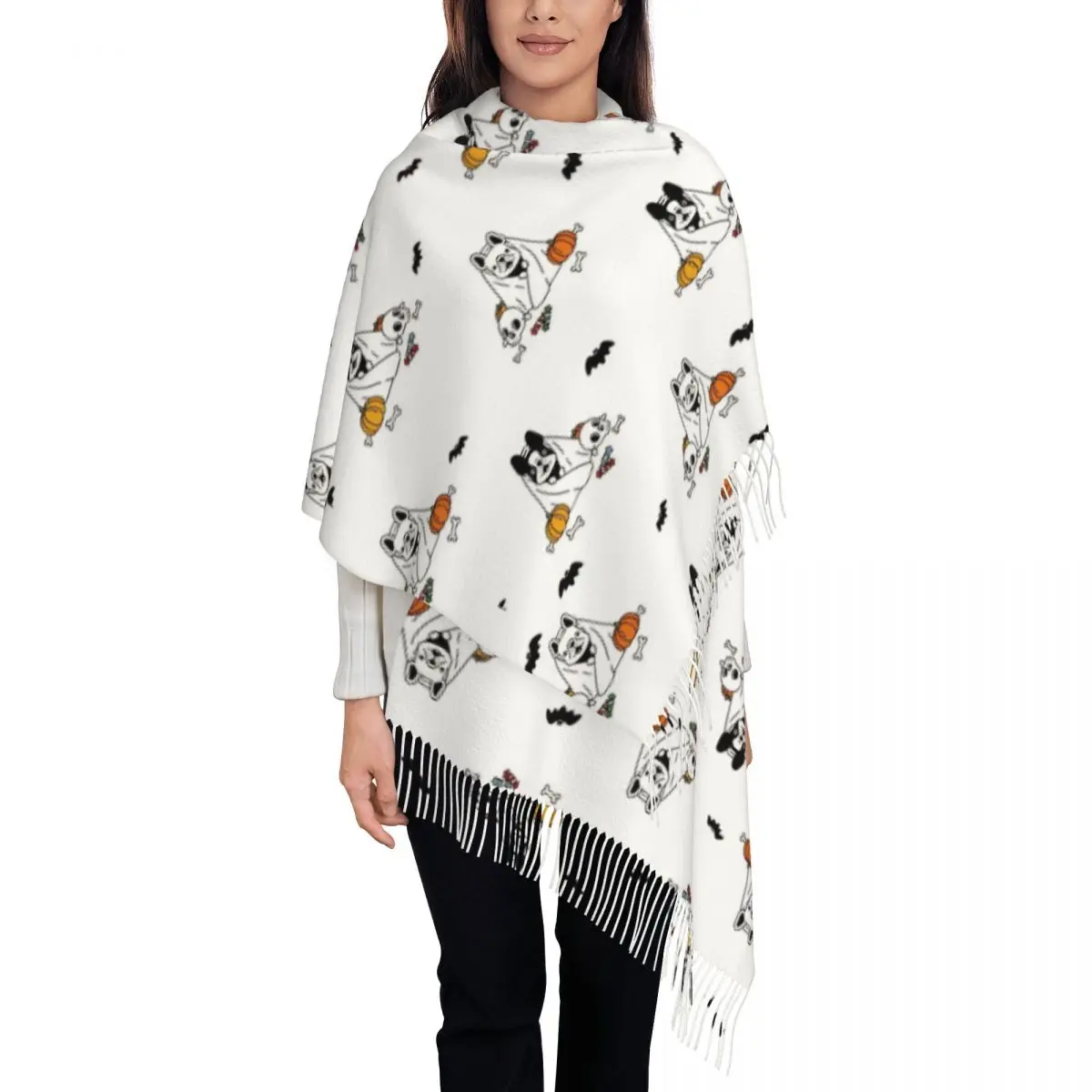 Halloween Bulldog Dog Scarf for Women Winter Warm Pashmina Shawl Wrap Pumpkin Skull Single-sided Pattern Shawl Scarf Ladies