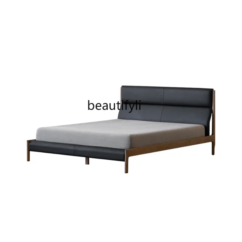 

Italian Light Luxury Leather Bed Minimalist Solid Wood First Layer Cowhide Soft Bag Backrest Master Bedroom Double Bed