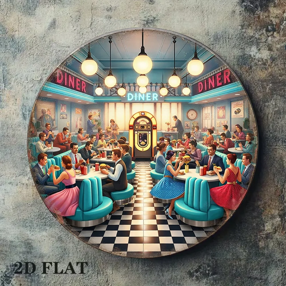 2D Flat Round Sign, Vintage Plaque for Retro Restaurant, 50S American Diner Decor Sign, Suitable for Bar, Cafe, Game Room
