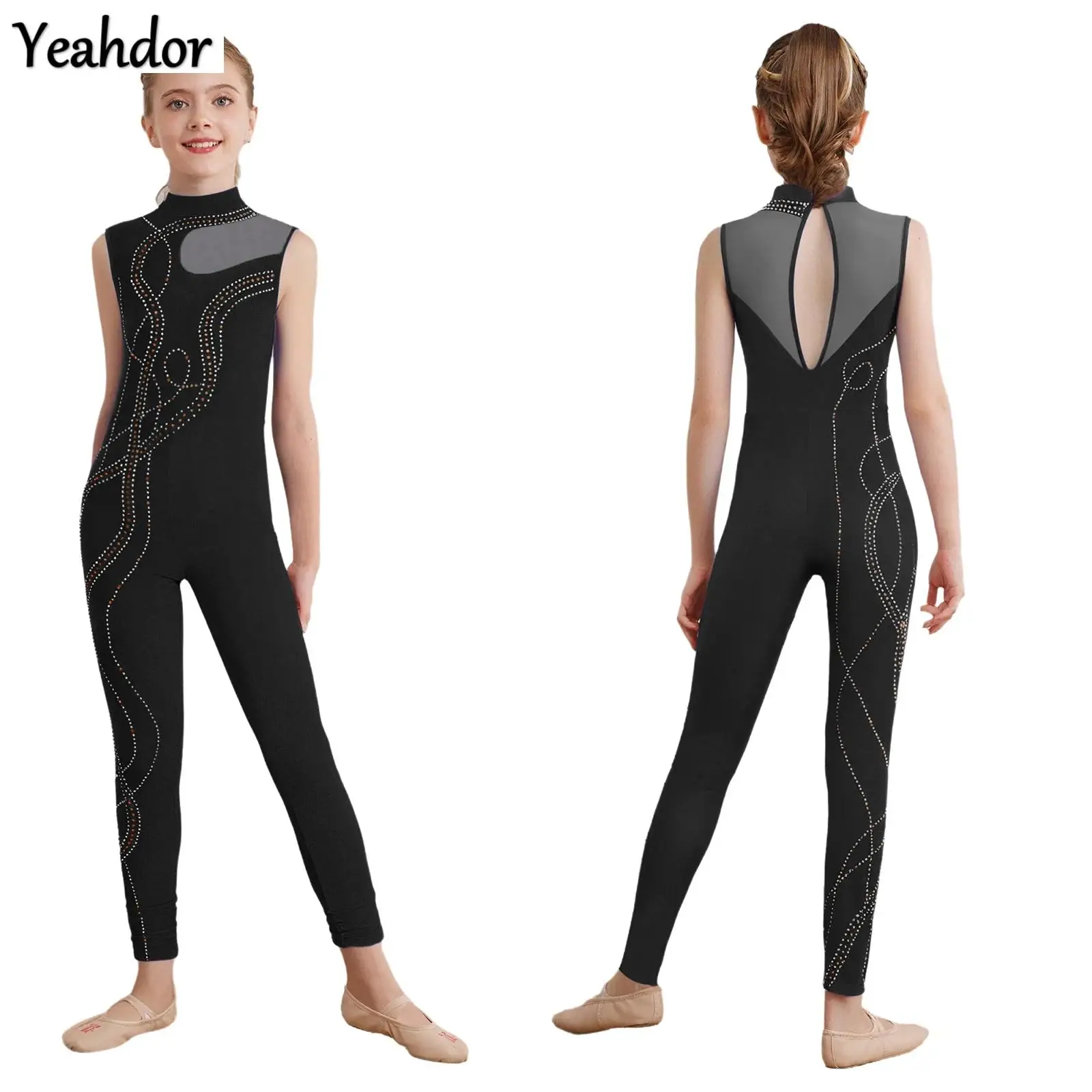 

Girls Sleeveless Figure Skating Full Bodysuit Rhinestones Gymnastics Dance Jumpsuit Sheer Mesh Ballet Dance Leotard Tank Unitard