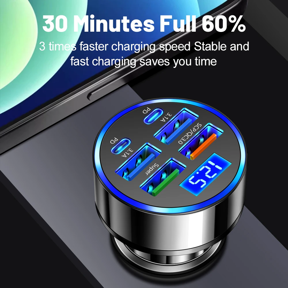 Carregador de Carro USB de 100W com 6 Portas, Carregamento Rápido PD Tipo C, Adaptador para iPhone, Samsung, Xiaomi, com Display LED.
