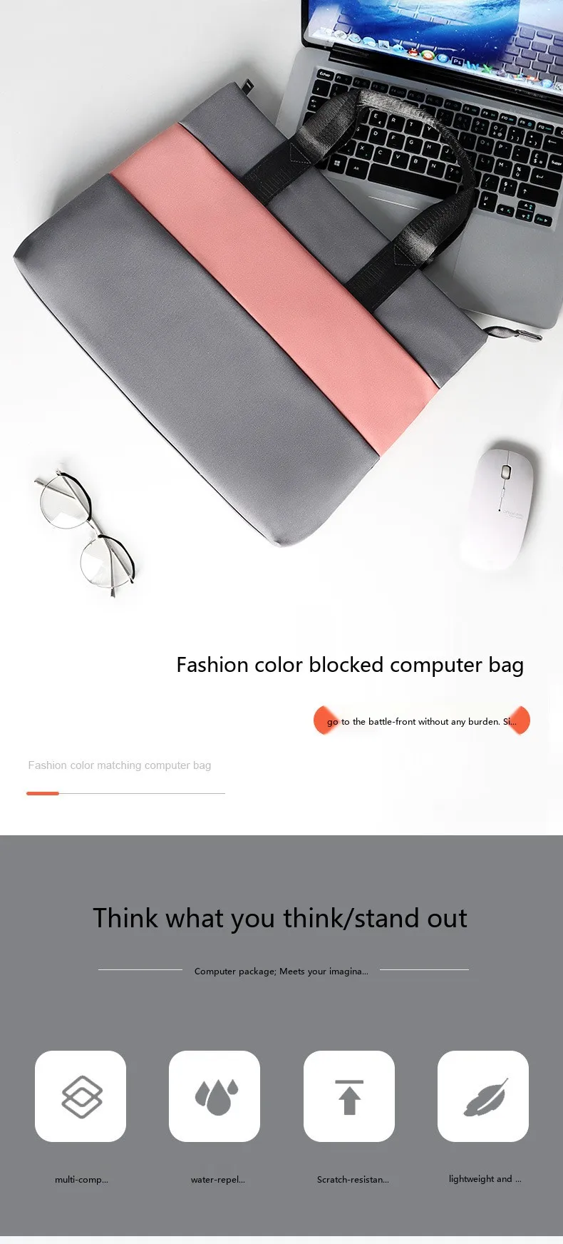 Modische Laptop-Tragetasche 13 15 Zoll Rosa Grau Wasserdichte Nylon-Aktentasche für Frauen im Büro – Detail 19
