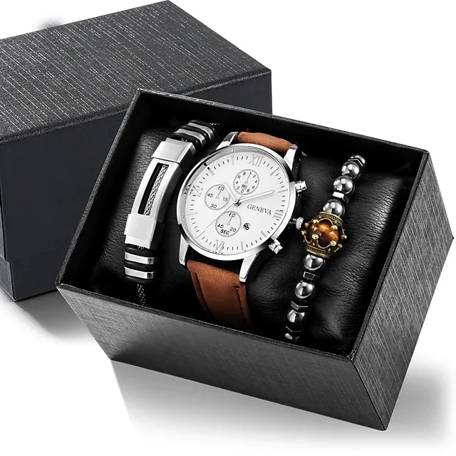 4/5PCS Fashion Men Business Watches Casual Quartz Watch Leather Strap Male Wristwatches Bracelets Set（Without Box）