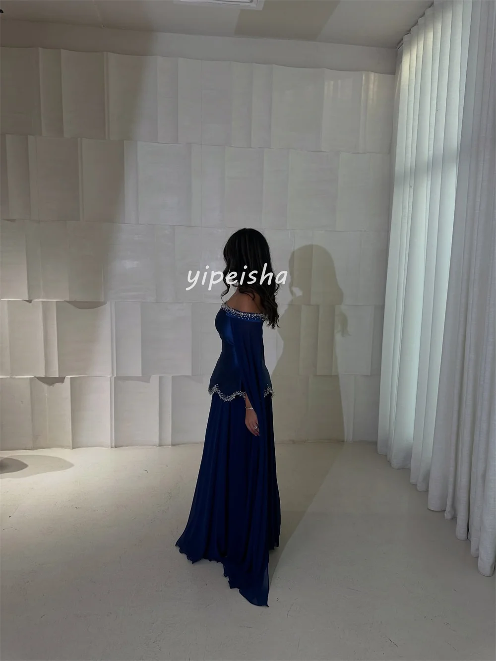 Exquisite Intricate Casual Chiffon Beading Rhinestone Sequined A-line Off-the-shoulder Long Dresses Bespoke Occasion Dresses