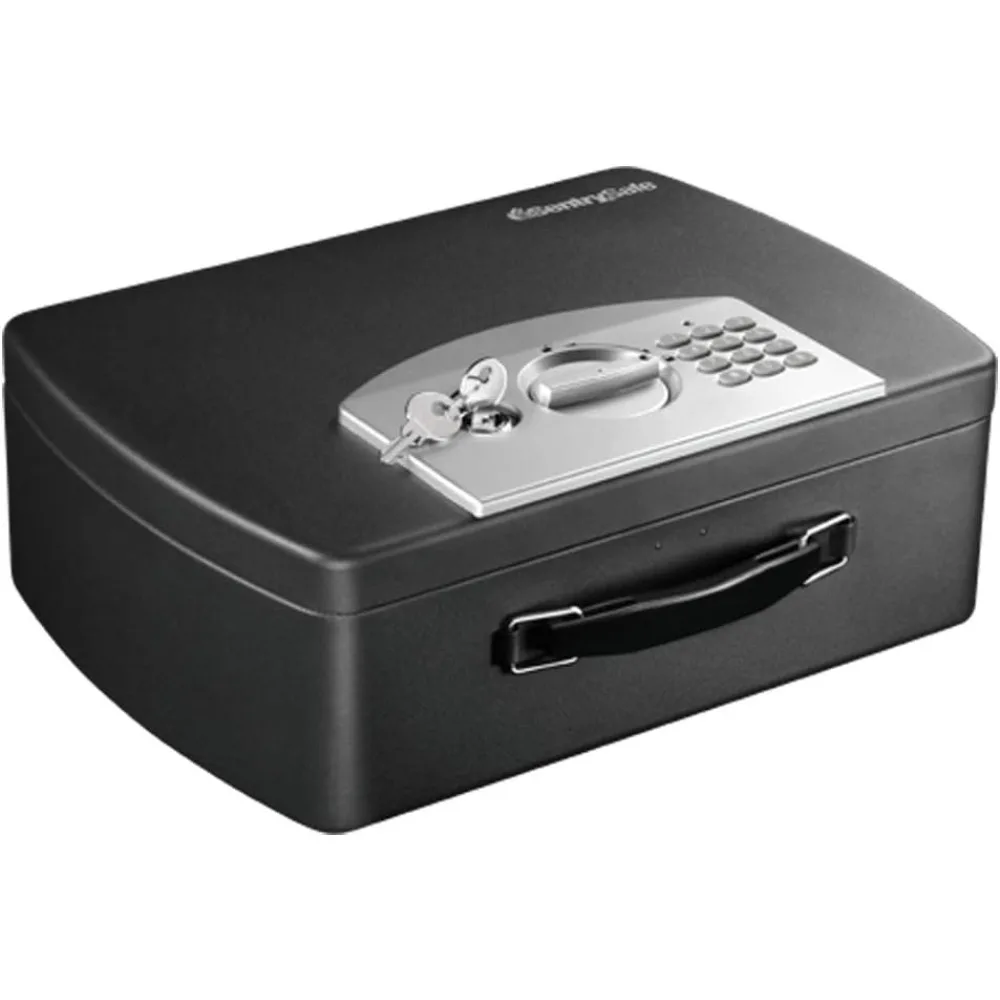 Cassetta di sicurezza nera portatile con serratura a tastiera digitale, piccola cassaforte da viaggio in acciaio con maniglia per il trasporto di denaro, 0,21 piedi cubi