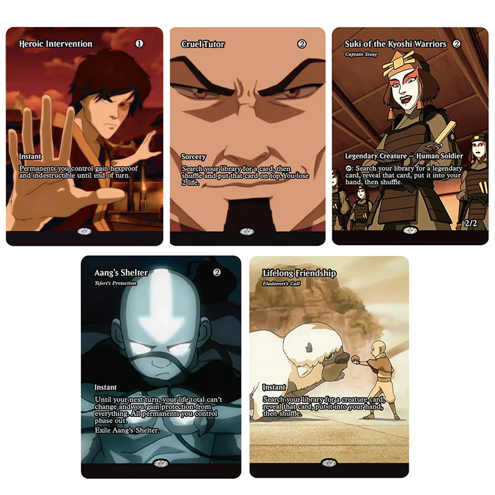 Cartes de collection de jeux de cartes TCG rares : Intervention Héroïque, Tutor Cruel, Abri d'Aang, Amitié Éternelle, Suki de Kyoshi