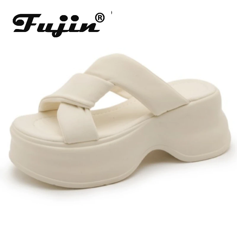 

Fujin/женские кожаные тапочки из микрофибры 7 см, туфли на танкетке, эластичные слипоны с открытым носком, женские сандалии на платформе на плоской подошве из ткани, модные