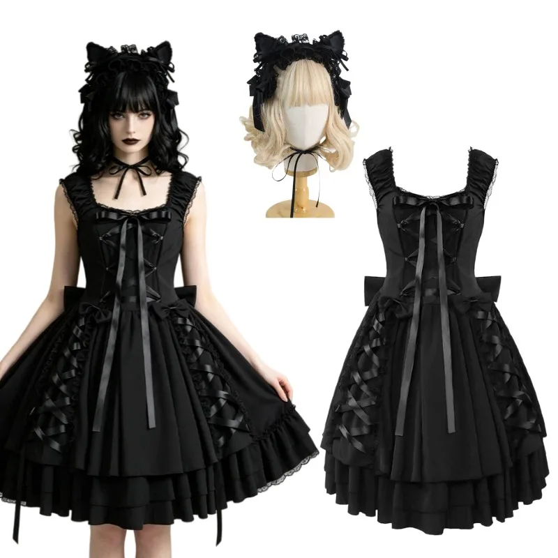Vestido Gótico Medieval Lolita, Vestido de Princesa con Encaje Victoriano Vintage, Traje con Accesorios para la Cabeza para Mujer, Disfraz de Cosplay para Fiesta de Halloween