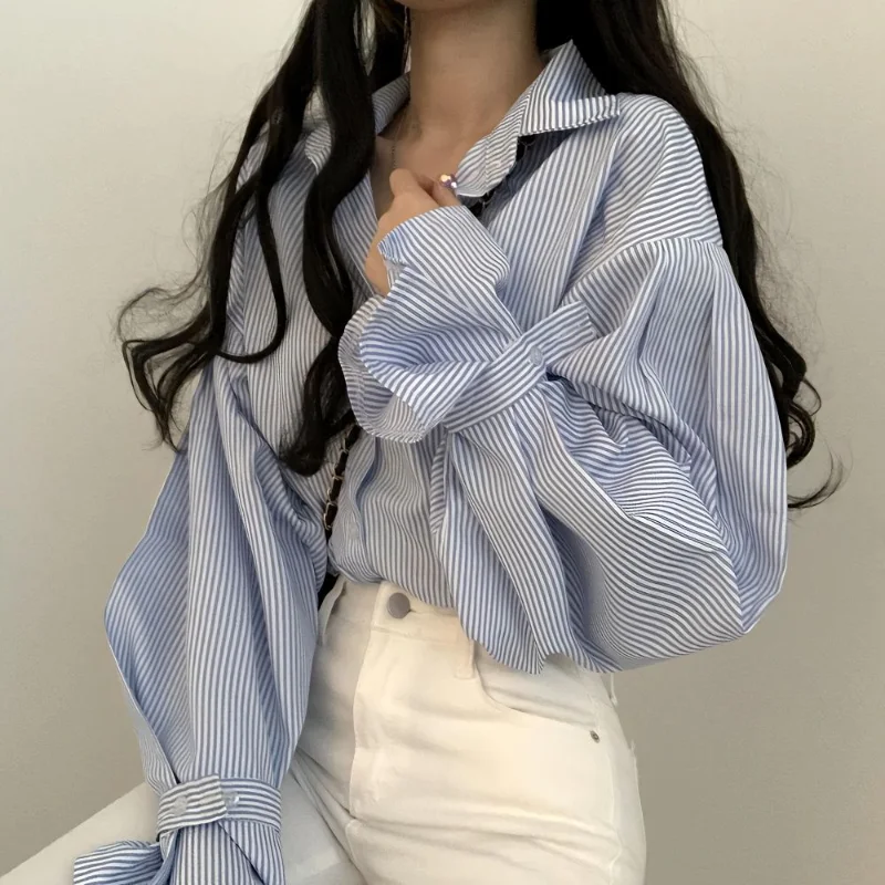 Spring Autumn New All-match Striped Shirt Tops Polo Neck Long Sleeve Youth Korean Blouse Academy Style Fashion Women Clothing