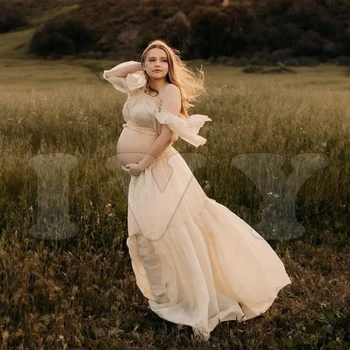 Vestido de maternidade para gestantes, roupa fotográfica, borda plissada, manga curta, ombro fora, vestido de chiffon para chuveiros de bebê
