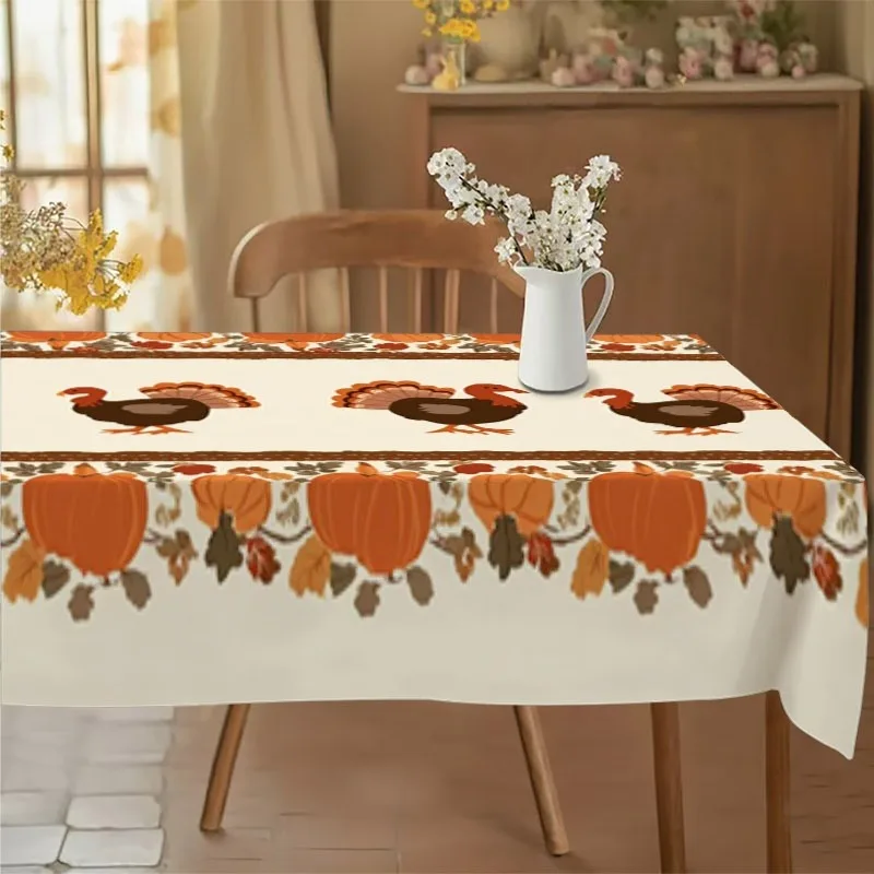 1pc Tablecloth, Festive Thanksgiving Theme Tablecloth, Autumn Harvest Pattern with Pumpkins, Berries, Leaves, And Turkey, Perfec