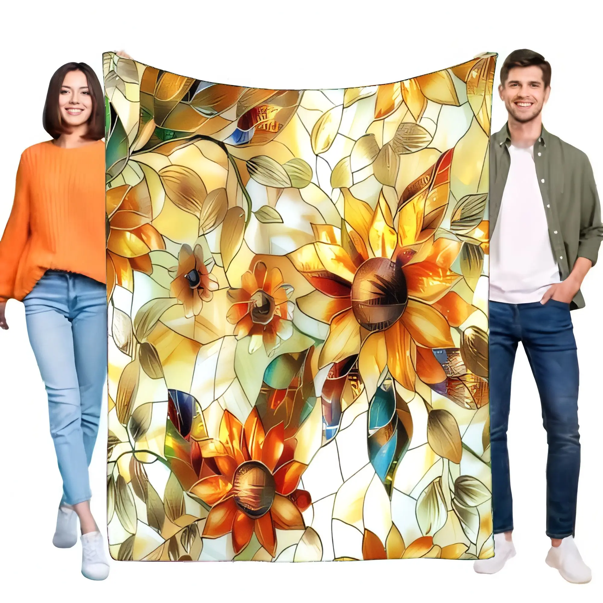 Vibrant Stained Glass Sunflower Blanket Soft Cozy Warm Throw for Bed Sofa Couch Artistic Home Decor Gift