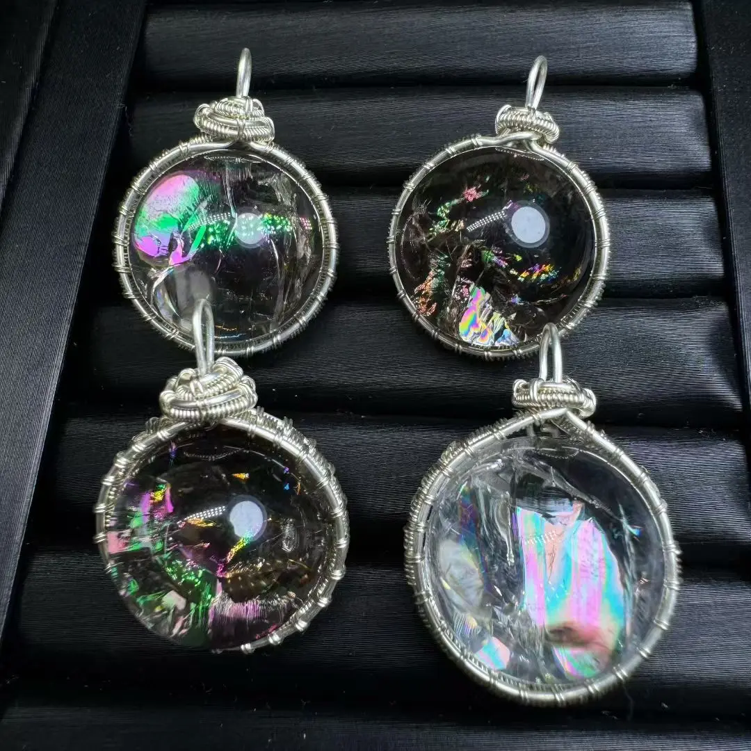 1 Pc Natural Rainbow Rock Quartz Smoky Quartz Pendant Sphere Wire Wrapping Reiki Healing Stone Jewelry Gift Women Men view 2