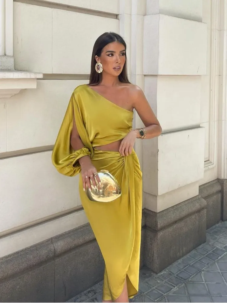 Women\'s Dresses One Shoulder Cut Out Asymmetrical Satin Long Dress  Loose Solid Color Fashion Comfy Elegant 2024 Summer