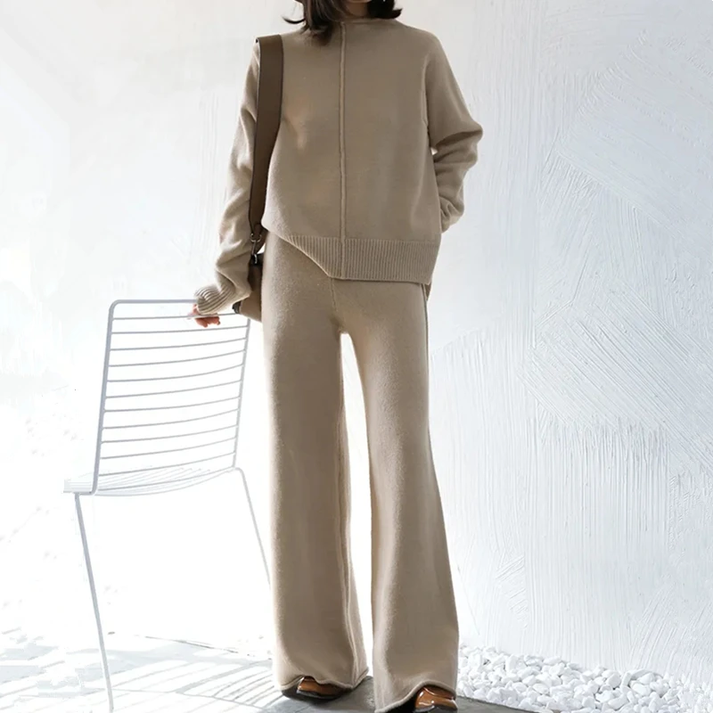 

2025 Новые осенне-зимние комплекты брюк, свитер, комплект из 2 предметов для женщин, свободные пуловеры, топы + широкие брюки, костюмы, женская одежда