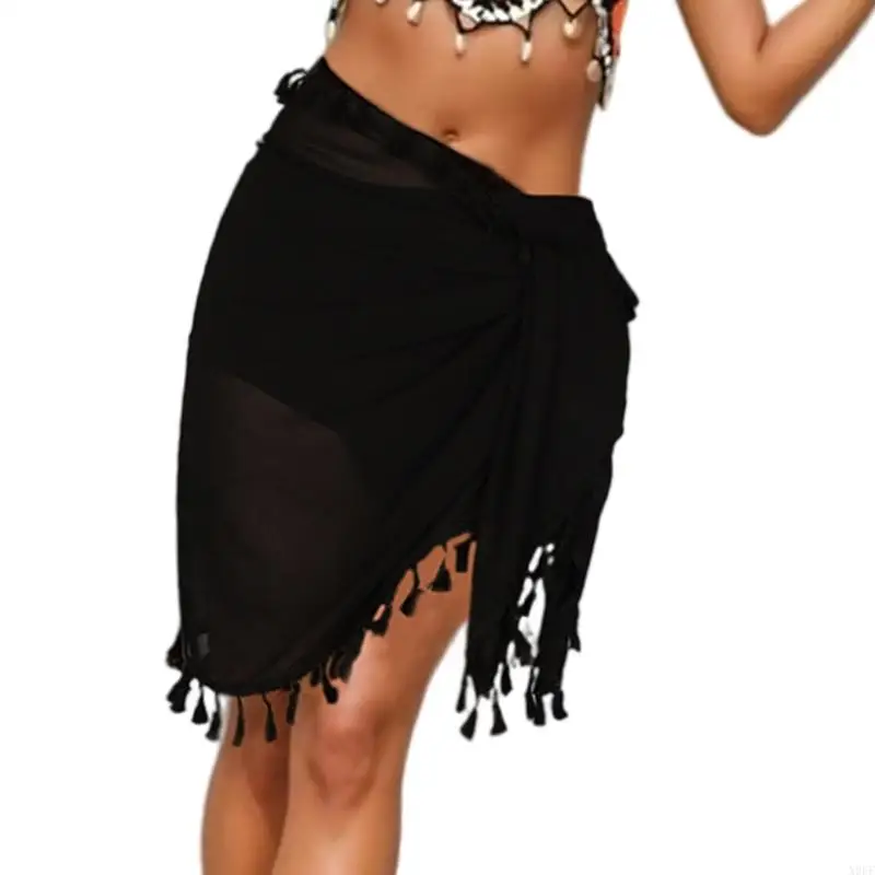 x9ff กระโปรงชายหาดลูกไม้กลวงผู้หญิง fringe ชายหาด wrap ดูผ่านชุดว่ายน้ำห่อ